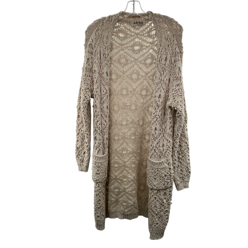 Selfie Couture Open Crochet Knit Cardigan Open Front Cream Size XS/S Pockets
